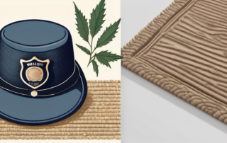 A doorstep with a police hat and a package of hemp seeds subtly placed on the welcome mat