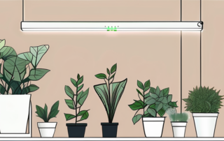 The mars hydro ts 1000 grow light positioned at varying heights above a patch of thriving plants
