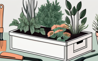 A well-organized gardening box with a variety of thriving plants