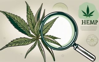 A hemp plant with a magnifying glass focusing on its seeds