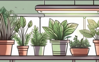 Various types of grow lights illuminating a thriving indoor garden with a variety of plants