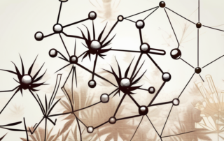 A cbn (cannabinol) molecule structure with a background of a variety of hemp plants