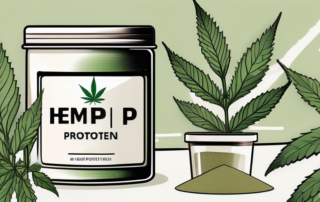 A hemp protein powder container with a caution sign next to it