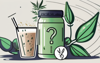 A hemp plant next to a protein shake