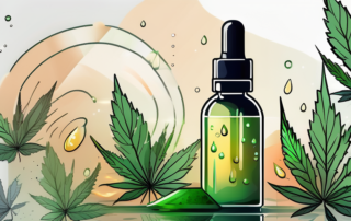 A cbd full spectrum oil bottle surrounded by various natural elements like hemp leaves and droplets
