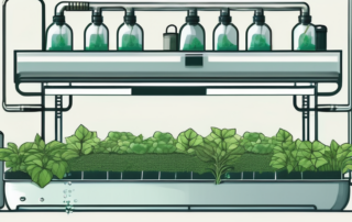 A hydroponic system with various plants growing healthily