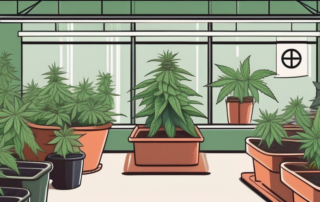 A small indoor garden with various cannabis plants growing under specialized lights