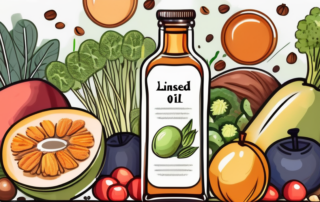 A bottle of linseed oil surrounded by various healthy foods like fruits