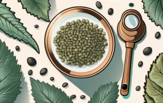 A collection of feminized cannabis seeds scattered on a table with a magnifying glass