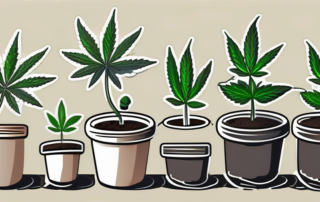 Various stages of cannabis seedlings growth with some gardening tools nearby