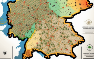 Various types of cannabis seeds scattered across a map of germany