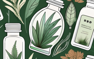 A cbd oil dropper bottle surrounded by various plants and herbs