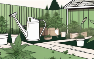 A lush outdoor cannabis garden with various gardening tools