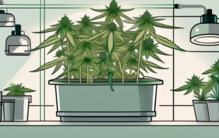 A thriving cannabis plant with highlighted areas indicating key points of care and growth