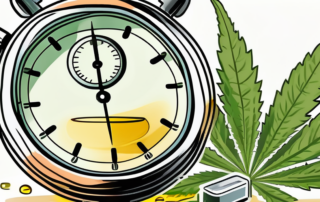 A stopwatch next to a cannabis leaf and a urine sample container