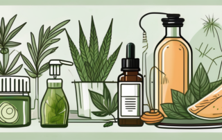 A bottle of hemp oil surrounded by various items like a salad