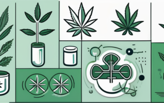 A cannabis plant with some symbols of common allergy symptoms like a sneezing nose or watery eyes