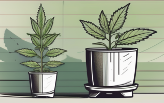 A hemp plant in a pot with a ruler next to it to depict its growth rate
