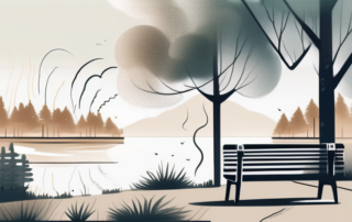 A lit joint on a park bench with a trail of smoke wafting and fading into the distance