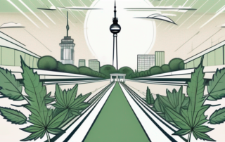 A symbolic pathway leading towards a large cannabis leaf