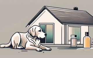 A calm dog lying down with a bottle of cbd drops and a dropper nearby