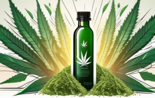 A bottle of hemp seed oil surrounded by hemp leaves