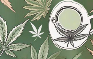 A steaming cup of tea with a cannabis leaf subtly incorporated into the design