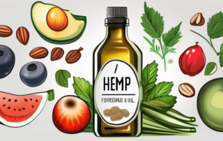 A bottle of hanfsamenöl (hemp seed oil) surrounded by various healthy foods like fruits