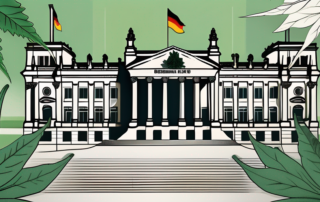 The german bundestag building with a cannabis leaf symbol floating above it
