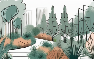 A thriving garden with various plants and trees of different heights