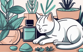 A cat peacefully sleeping next to a bottle of cbd drops