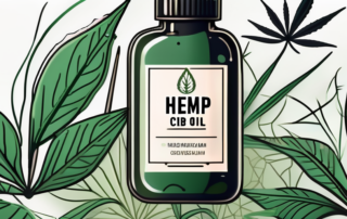 A bottle of organic hemp cbd oil surrounded by hemp leaves and plants