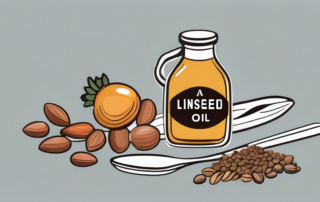 A bottle of linseed oil (leinöl) next to a measuring spoon indicating a daily dose