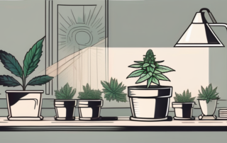 A pot with a marijuana seedling growing under a lamp