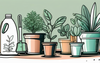 Various types of liquid fertilizers in bottles with plants thriving around them