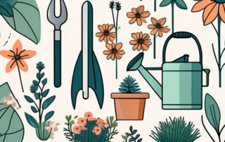 Various garden tools like a watering can