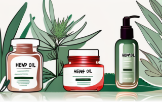 A bottle of hemp oil surrounded by various cosmetic products like a cream jar