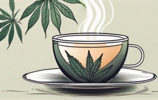 A steaming cup of tea with hemp leaves floating in it