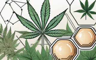 A cbd molecule structure surrounded by various hemp plants