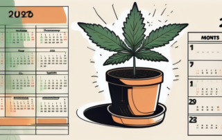 A thriving cannabis plant in a pot with a calendar showing different months in the background