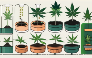 Various stages of cannabis seeds being planted and growing in a well-maintained garden environment