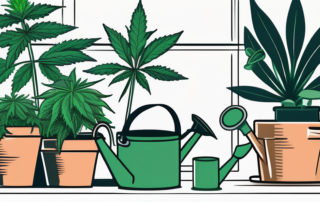 A lush cannabis plant in a well-organized indoor garden setting
