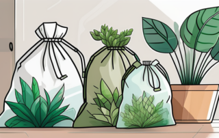 Several co2 bags placed near a collection of indoor plants