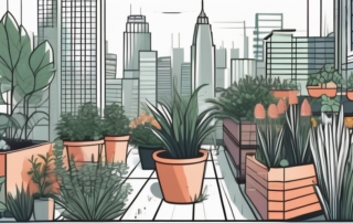 A lush urban garden flourishing on a city rooftop