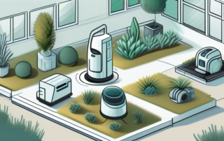 A futuristic garden with various high-tech tools and devices