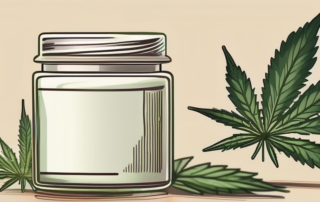 A jar of cannabidiol cream with hemp leaves in the background to represent the main ingredient