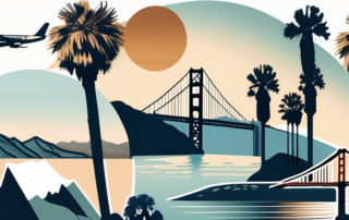 A collage of iconic californian landmarks such as the golden gate bridge
