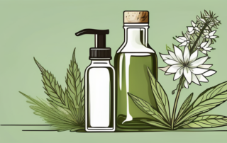 A bottle of hemp oil surrounded by various natural elements like hemp plants and flowers