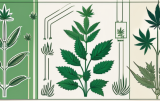 Various cannabis plants with highlights on different parts of the plant to indicate the areas where key components are derived