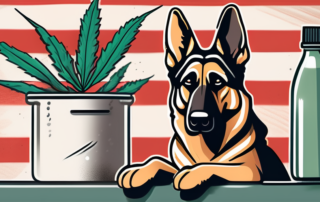 A german shepherd looking curiously at a bottle of cbd oil on a table